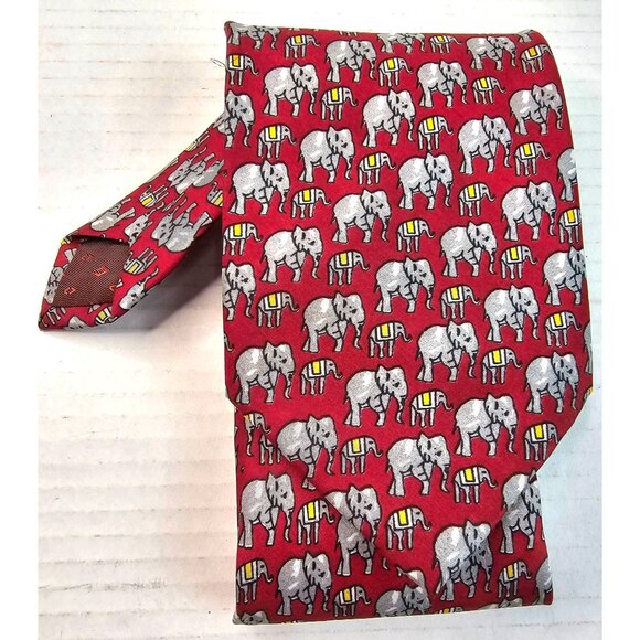 Vtg Cauvery Red Elephant Pattern Tie Pure Silk Mens Neckwear Burgundy India - Picture 1 of 7